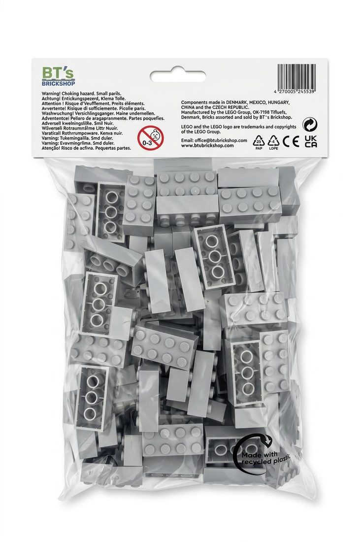 Rückseite des LEGO Brick Pack hellgrau mit Warnhinweisen und Barcode